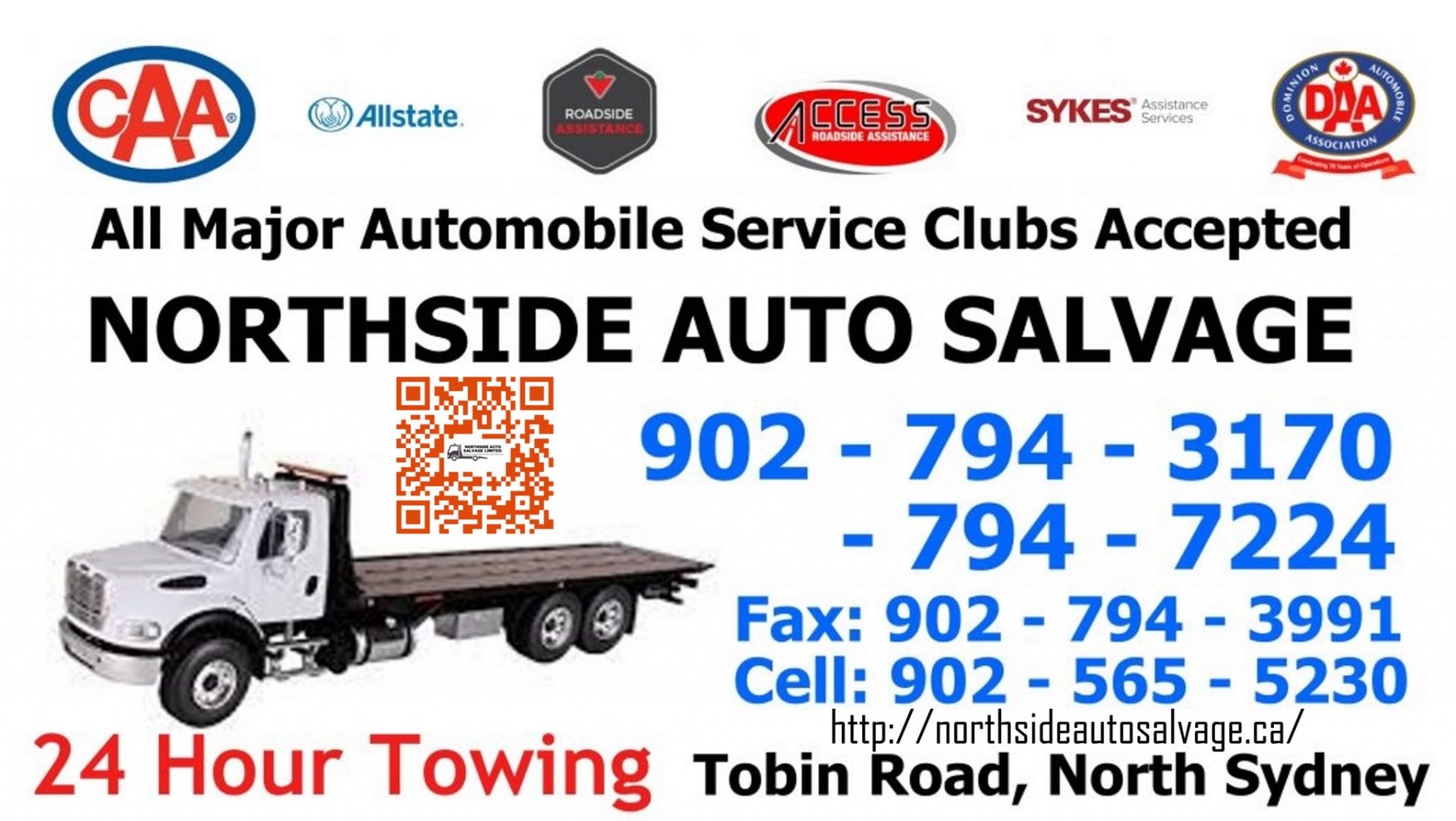Northside Auto Salvage — All Major Automobile Service Clubs Accepted · 24 Hour Towing · 902-794-3170